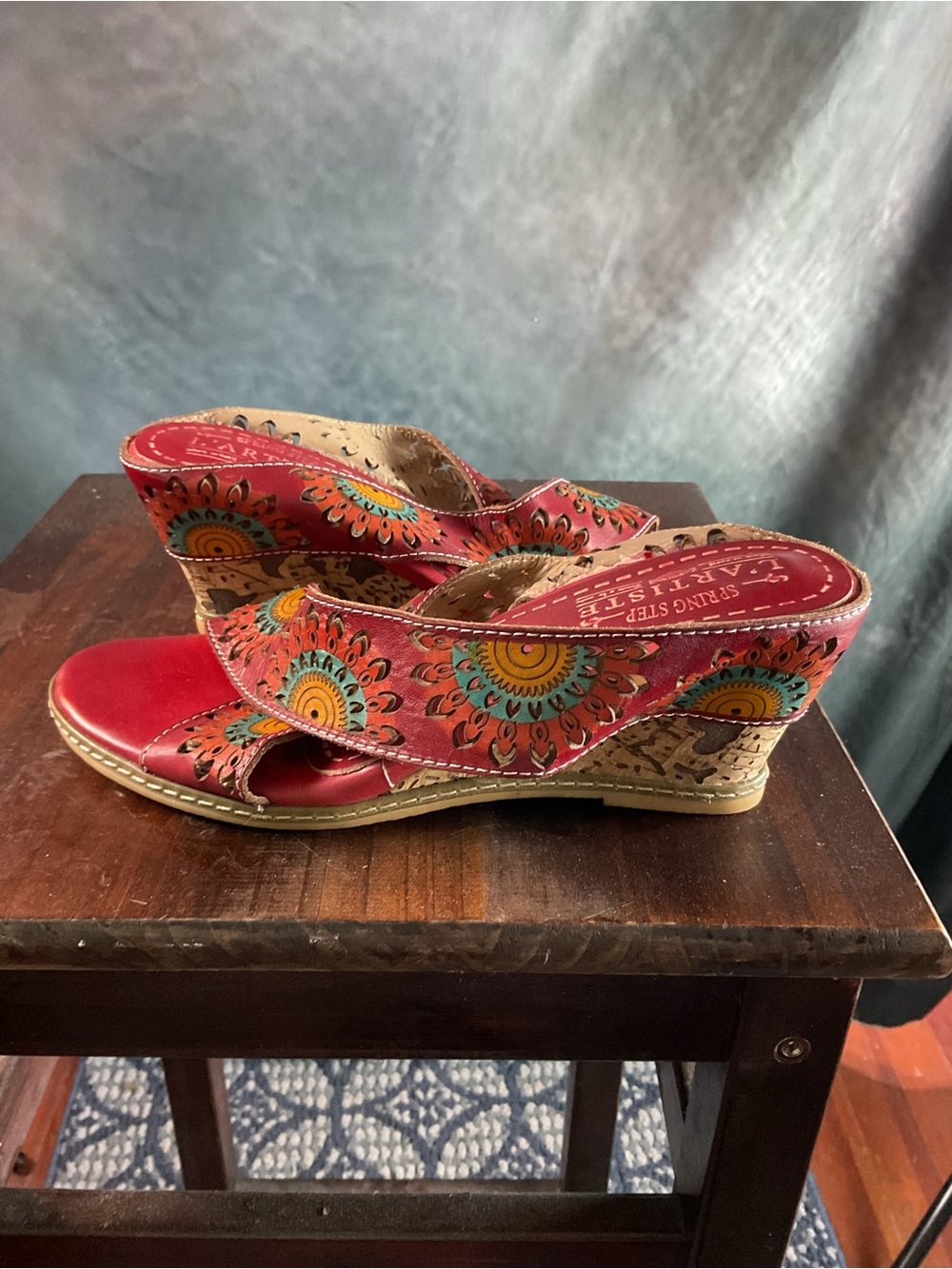 Spring Step Red Floral Embroidered Wedge Sandals
